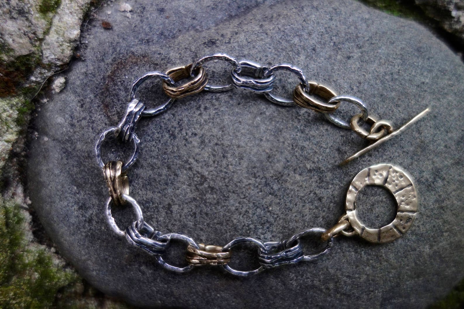 Sterling Silver Link Bracelet Gold Bronze Rustic Statement - Etsy