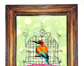 Downloadable Art Print- Bird in a Cage Art Print- Bird Digital Painting- Bird Painting- Digital Painting Download- Downloadable Art Print