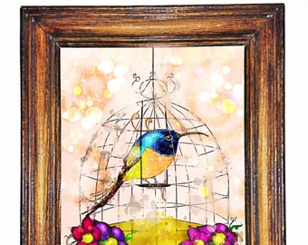 Printable Digital Painting- Bird in a Cage Digital Wall Art- Digital Painting Download- Printable Digital Painting Download