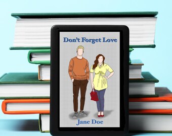 May include: A black and white e-reader with a cover image of a couple. The title of the book is "Don't Forget Love" and the author is "Jane Doe".