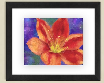 May include: A close-up of a single orange flower with a yellow center. The flower is painted in a realistic style and has a soft, blurry background.