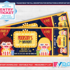 Movie Party.Movie Birthday.Movie Cinema Birthday.Movie Ticket.Printable Invitation.Ticket Invitation.Party Invitation.Editable File.