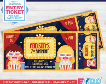 Movie Party.Movie Birthday.Movie Cinema Birthday.Movie Ticket.Printable Invitation.Ticket Invitation.Party Invitation.Editable File.