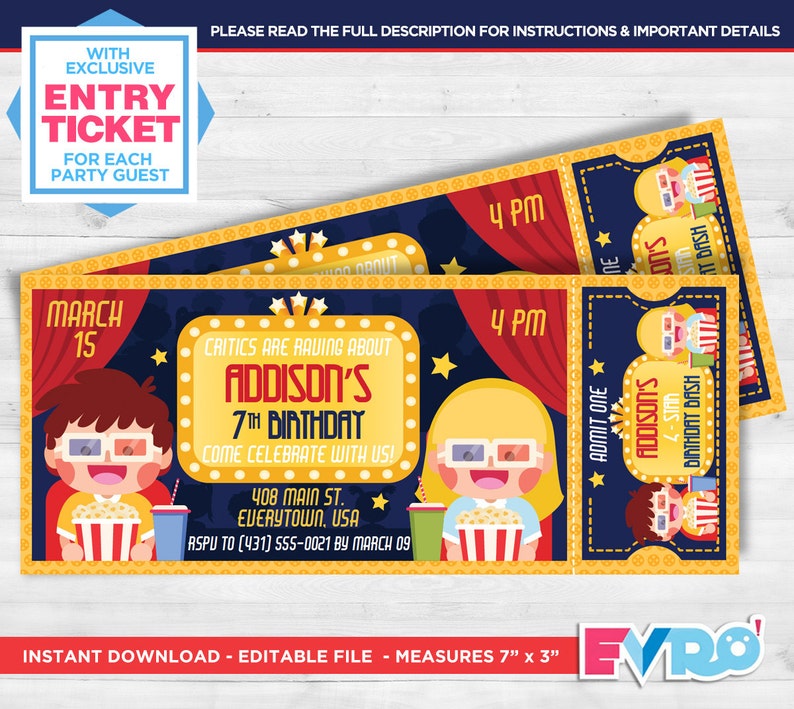 Movie Party.Movie Birthday.Movie Cinema Birthday.Movie Ticket.Printable Invitation.Ticket Invitation.Party Invitation.Editable File. image 1