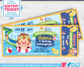 Pool Party.Pool Invitation.Water Party.Pool Ticket.Pool Birthday.Printable Ticket.Party Invitation. Editable File.Print At Home.Themed Party