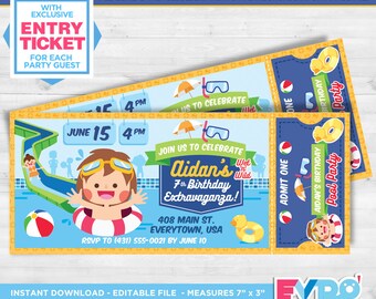 Pool Party.Pool Invitation.Water Party.Pool Ticket.Pool Birthday.Printable Ticket.Party Invitation. Fichier modifiable.Imprimer à la maison.Fête thématique