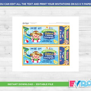 Peut inclure: Deux invitations imprimables pour une f&ecirc;te &agrave; la piscine. Chaque invitation pr&eacute;sente une illustration de dessin anim&eacute; d'un enfant dans une piscine, avec le texte "Rejoignez-nous pour c&eacute;l&eacute;brer le 7e anniversaire d'Aidan !" et les d&eacute;tails de l'&eacute;v&eacute;nement. Les invitations sont con&ccedil;ues pour &ecirc;tre imprim&eacute;es sur du papier A4.