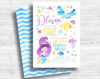 Purple Mermaid Watercolor Invitation | Under the Sea, Birthday Pool Party, Splash, Shimmer, Purple & Blue, Turquoise, Waves | Digital File