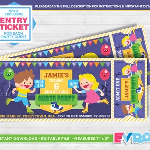 Skate Party.Skate Invitation.Skate Birthday.Roller Skate Party.Printable Invitation.Ticket Invitation.Editable File.Themed Party