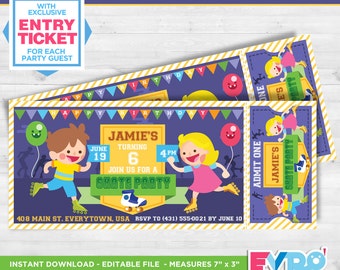 Skate Party.Skate Invitation.Skate Birthday.Roller Skate Party.Printable Invitation.Ticket Invitation.Editable File.Themed Party