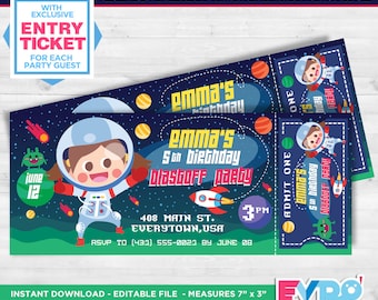 Fiesta Espacial. Invitacion Espacial. Ticket Astronauta. Invitacion Astronauta. Invitacion  Imprimible. Invitacion Editable