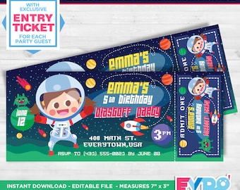 Space Party.Space Birthday.Astronaut Party.Space Invitations.Space.Space Ticket.Ticket Invitation.Editable File.Girls Party.Themed Party.