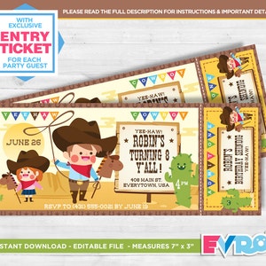 Cowboy Party.Cowboy Invitation.Kid's Party.Rodeo Party.Ticket Invitation.Kid's Invitation.Editable File.Themed Party.Printable Invitation