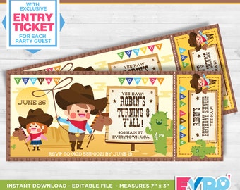 Cowboy Party.Cowboy Invitation.Kid's Party.Rodeo Party.Ticket Invitation.Kid's Invitation.Editable File.Themed Party.Printable Invitation