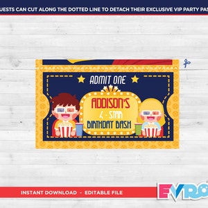 Movie Party.Movie Birthday.Movie Cinema Birthday.Movie Ticket.Printable Invitation.Ticket Invitation.Party Invitation.Editable File. image 3