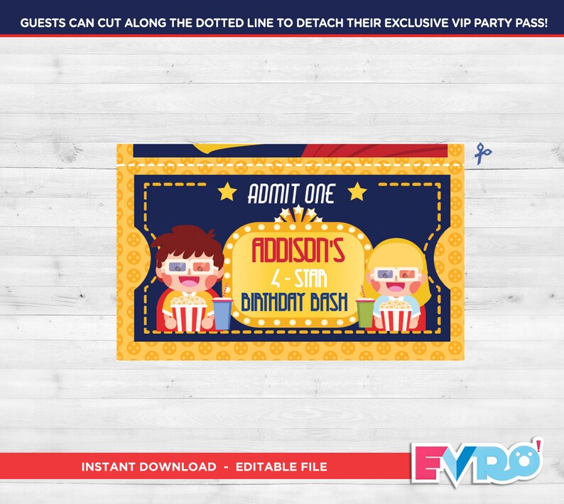 Movie Party.Movie Birthday.Movie Cinema Birthday.Movie Ticket.Printable Invitation.Ticket Invitation.Party Invitation.Editable File. image 3