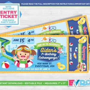 Pool Party.Pool Invitation.Water Party.Pool Ticket.Pool Birthday.Girl's Party.Printable Ticket.Party Invitation.Editable File.Themed Party