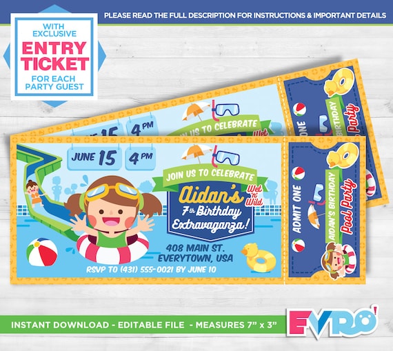 Pool Party.Pool Invitation.Water Party.Pool Ticket.Pool Birthday.Girl's Party.Printable Ticket.Party Invitation.Editable File.Themed Party