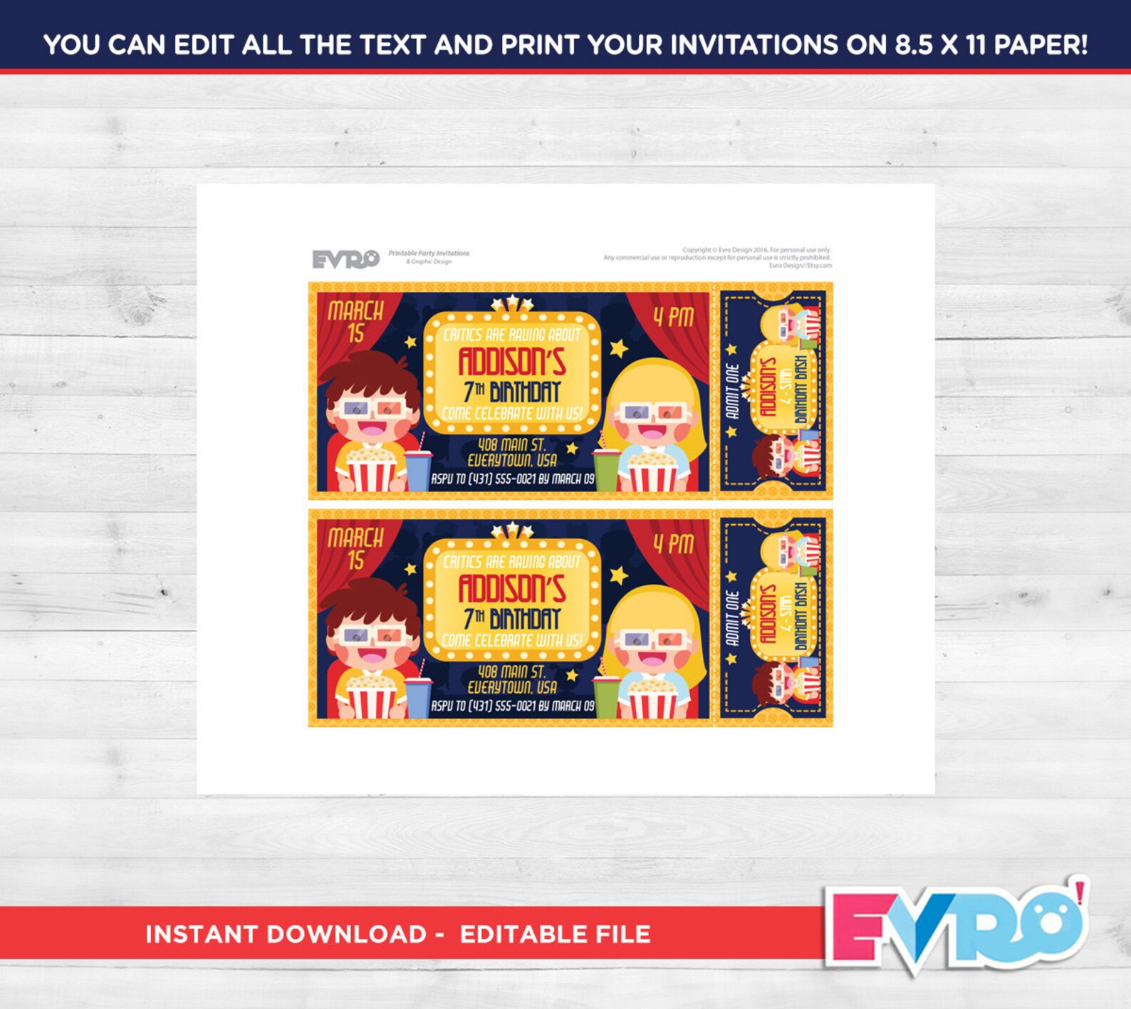 Movie Party.movie Birthday.movie Cinema Birthday.movie Ticket.printable ...