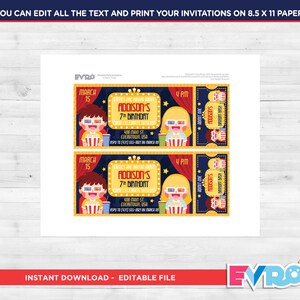 Movie Party.Movie Birthday.Movie Cinema Birthday.Movie Ticket.Printable Invitation.Ticket Invitation.Party Invitation.Editable File. image 2