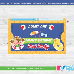 Peut inclure: Une invitation de f&ecirc;te de piscine bleue et jaune avec le texte "ADMIT ONE" et "AIDAN'S BIRTHDAY Pool Party". Le design comprend une fille de dessin anim&eacute; dans un anneau de bain, des ballons de plage, un canard gonflable et un parapluie. L'invitation est con&ccedil;ue pour &ecirc;tre coup&eacute;e.