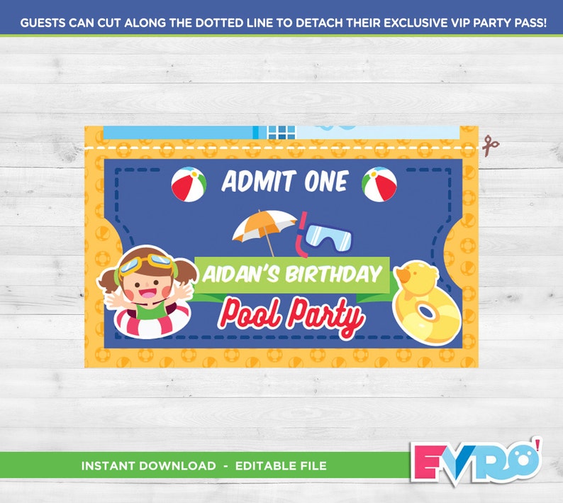 Peut inclure: Une invitation de f&ecirc;te de piscine bleue et jaune avec le texte "ADMIT ONE" et "AIDAN'S BIRTHDAY Pool Party". Le design comprend une fille de dessin anim&eacute; dans un anneau de bain, des ballons de plage, un canard gonflable et un parapluie. L'invitation est con&ccedil;ue pour &ecirc;tre coup&eacute;e.