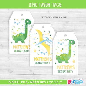 Favor Tags Dinosaur, Dino Tags, Dinosaur Party, Watercolor, Dino Favor Tags, Dinosaur Party Kids, Dinosaur Printable, Cuztomizable Tags