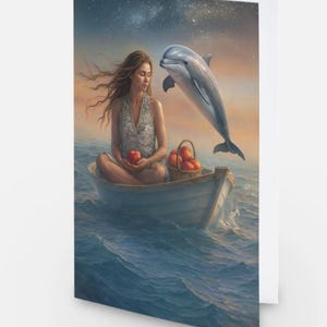 May include: A greeting card featuring a serene scene of a woman in a boat on the ocean, holding apples, with a dolphin leaping nearby. The background shows a starry sky and a colorful sunset. The card is white with the image on the front.