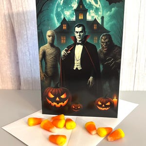 Classic Halloween Monsters Card: Vampire, Mummy, Werewolf