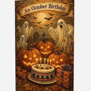 May include: A rectangular greeting card featuring the text An October Birthday on a banner. The illustration shows three glowing jack-o'-lanterns, three white ghosts, a birthday cake with five lit candles and skull motifs, and a gift box.