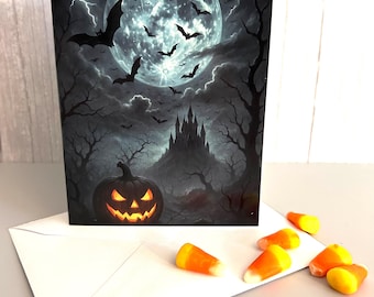 Gothic Halloween Moon Card: Haunted Castle, Pumpkin & Bats