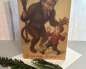 May include: A rectangular greeting card featuring a vintage-style illustration of a horned, furry Krampus figure holding a bundle of sticks and a chain, looming over a frightened child. The text Gruss vom Krampus! is printed at the bottom.