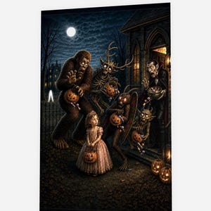May include: A rectangular art print depicting a night scene with a full moon, a house, and a group of creatures including a large hairy figure, a skeleton with antlers, a vampire, and a small child in a dress, all holding pumpkin buckets.