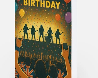 May include: A greeting card featuring a concert scene with a rock band on stage under yellow lights. The text HAPPY BIRTHDAY appears at the top. The crowd is shown from behind, with people wearing shirts featuring the Union Jack flag design.