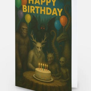 May include: Birthday card featuring a surreal illustration with the words "HAPPY BIRTHDAY" in yellow. The image depicts various cryptids and monsters gathered around a cake with lit candles, with balloons in the background.