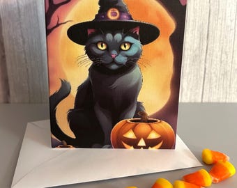Witch Cat Halloween Note Card: Moonlit Magic, Linen Card Stock