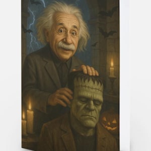 May include: A greeting card featuring an illustration of Albert Einstein with white hair and a mustache, wearing a dark suit, placing a hand on the head of Frankenstein's monster. The background shows a stone archway, lightning, bats, candles, and a jack-o'-lantern.