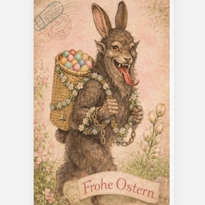 May include: A vintage-style Easter card featuring a mythical creature with a rabbit's ears and a wolf's face, carrying a basket of colorful eggs. The creature has a long tongue and is adorned with a floral garland. The words "Frohe Ostern" are on a banner.