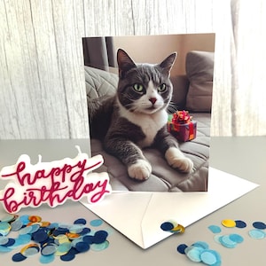 Gray and White Cat Birthday Card – Cute Cat with Present Greeting for Cat Lovers! Cat birthday card, cat lady birthday card, funny cat card