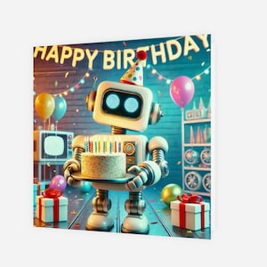 May include: A white robot with a party hat holds a birthday cake with lit candles. The robot is standing on a wooden floor with a blue background. The text "Happy Birthday" is displayed in yellow letters above the robot.