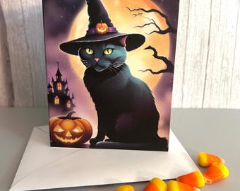 Witch Cat Halloween Note Card: Spooky Season, Cat & Pumpkin