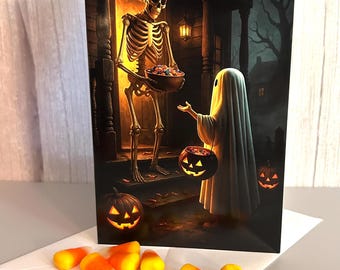 Spooky Halloween Greeting Card: Trick-or-Treat Skeleton & Ghost