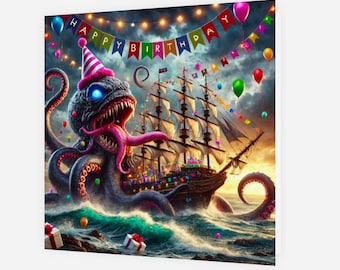 May include: A greeting card illustration featuring a dark, tentacled sea monster wearing a pink and white striped party hat, emerging from the ocean next to a large sailing ship. A colorful banner reads HAPPY BIRTHDAY, with floating balloons and gift boxes.