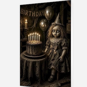 May include: A doll with a cracked face and messy hair wears a pointed hat and a dark dress with a bow. Beside it, a cake with lit candles sits on a draped table. A banner reads BIRTHDAY, and two metallic balloons float in the dark, textured space.