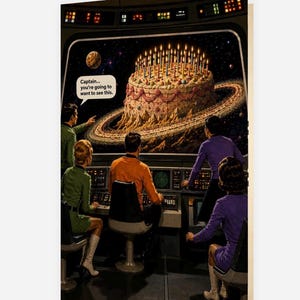 May include: A greeting card featuring a retro science fiction scene of a crew at a control console looking at a large screen displaying a planet-sized birthday cake with lit candles and the text, Captain... you're going to want to see this.