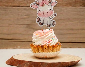 Pink Cow Cupcake Toppers, Watercolor Farm Animals Birthday Party Decorations