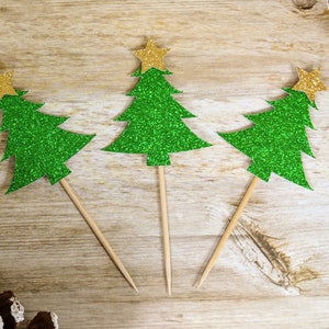 12er Set Weihnachtsbaum Cupcake Toppers, grüner Glitzer, goldener Stern