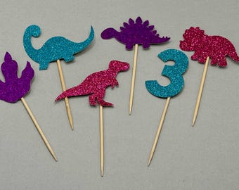 Glitter Dinosaur Cupcake Toppers, Prehistoric Birthday Decor, Jurassic Baby Shower Picks (Set of 12)
