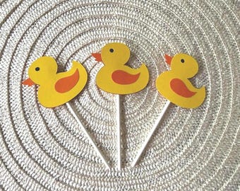 Yellow Rubber Duck Cupcake Toppers, Duck Baby Shower Party Decorations, Little Duck Cake Picks, Food Treat Picks, Set of 12