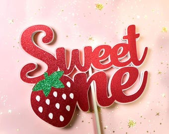 Strawberry Sweet One Cake Topper, Glitter First Birthday Photo Prop